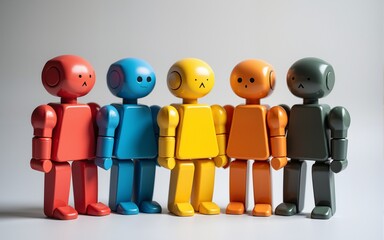 concept of Belonging Inclusion Diversity Equity DEIB, group of multicolor painted wooden robots. High quality