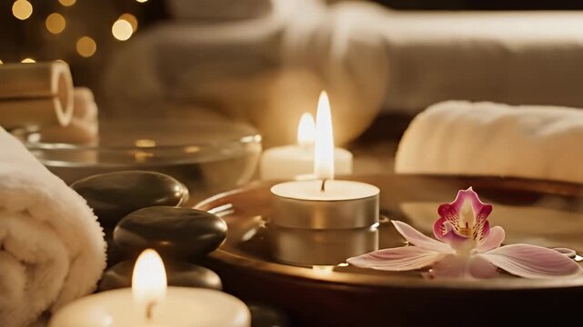 Relaxing Spa Ambiance - Candles, Towels, and Serene Atmosphere.