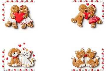 Holiday gingerbread cookies frame for Christmas, New Year and Valentine's Day. Loving couples and pets holding red hearts on white background with large copy space.