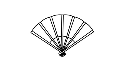A simple black and white line art illustration of an open folding hand fan, showing its radiating ribs and a pivot point.