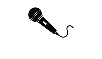 A simple black and white illustration depicts a dynamic microphone angled slightly showcasing its classic design and cord connection isolated on a white background