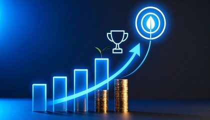 Financial growth concept with rising bars, stacked coins, upward arrow, glowing target, and trophy icon.