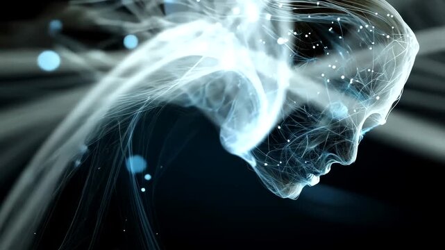 Ethereal Portrait of a Human Figure with Dynamic Light Trails and Digital Connections