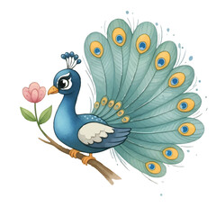 Isolated blue peacock bird with green feathers on a tropical tree branch illustration