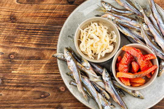 Beer and dried fish.