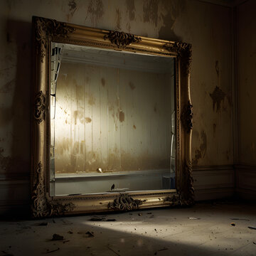 Espejo antiguo ornamentado con marco dorado en habitaci&oacute;n abandonada