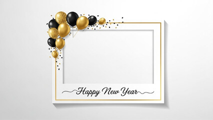 Realistic New Year Photo Frame with Gold Border, Black and Gold Balloons, Confetti, and Happy New Year Text Vector Illustration