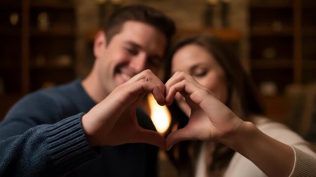 young happy couple making the heart shape with the hands 