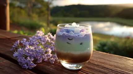 Layered Lavender Iced Latte on Wooden Deck Overlooking River Landscape.