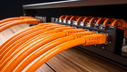 Close-up of orange Ethernet cables plugged into a network switch on wooden surface, showing structured connectivity.