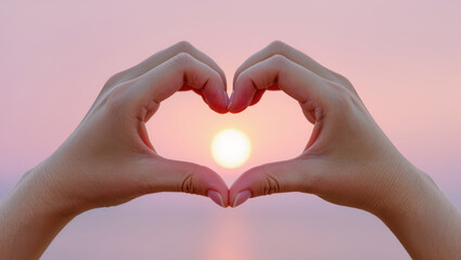 Fototapeta premium Hands forming heart shape with fingers framing the setting sun on pink sky background, symbol of love, unity, and peace.