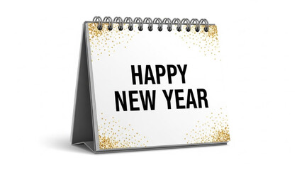 Realistic New Year Desk Calendar Cover with Bold Black Text, Gold Confetti, and Silver Spiral Vector Illustration