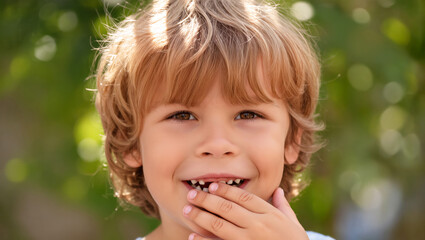 Fototapeta premium Smiling young boy with missing milk tooth, covering his mouth with hand, standing outdoors in sunlight with green blurred background.