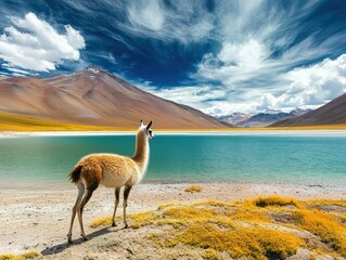 Llama Standing by Turquoise Lake in Dramatic Mountain Landscape.