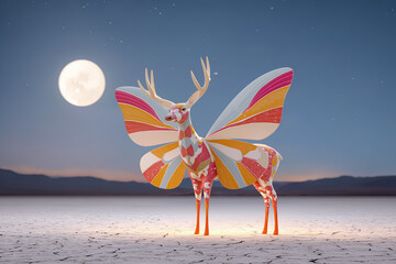 Elegant alebrije illustration featuring a deer body with vibrant butterfly wings, set against a moonlit desert landscape, showcasing intricate patterns and colors in a surreal atmosphere