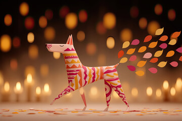 Energetic dog-shaped alebrije illustration with vibrant colors and playful patterns, surrounded by soft glowing lights, creating a whimsical and festive atmosphere