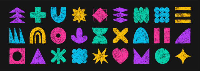 Colorful shapes and brutal figures with crayon pencil rough texture