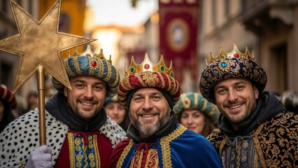 Fototapeta premium Parade of the Three Kings in Italy featuring joyful participants holding Bethlehem star symbol