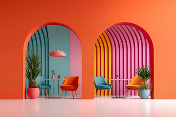 Vibrant interior design featuring two archways with colorful walls, modern furniture, and potted plants, creating a lively and inviting atmosphere for contemporary spaces