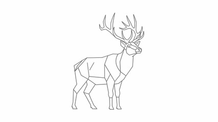 Geometric line art illustration of a majestic deer with large antlers standing on a white background.