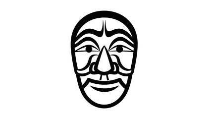 A black and white graphic illustration of a stylized traditional mask with prominent facial features and decorative lines.