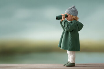 Child in green coat and gray beanie uses binoculars to observe surroundings, standing on wooden deck with blurred natural background, capturing a moment of curiosity and exploration
