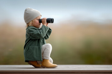 Child with binoculars observing nature, dressed in cozy green jacket and hat, sitting on wooden surface, exploring surroundings with curiosity and wonder
