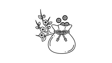 A line art illustration of a lucky money bag with coins and a flowering branch, symbolizing prosperity and good fortune.