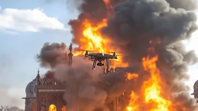 firefighter controlling a drone with remote control, flying towards oil refinery plant, in aerial shot