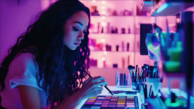 A woman with long dark hair is sitting at a beauty counter filled with makeup products. She is carefully applying lipstick or eye shadow using a brush