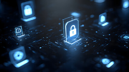 Ultra-realistic control room showing secure servers behind glass with digital overlays