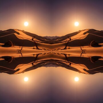 Symmetrical Mirrored Desert Dunes Landscape with Quadruple Sunset Light
