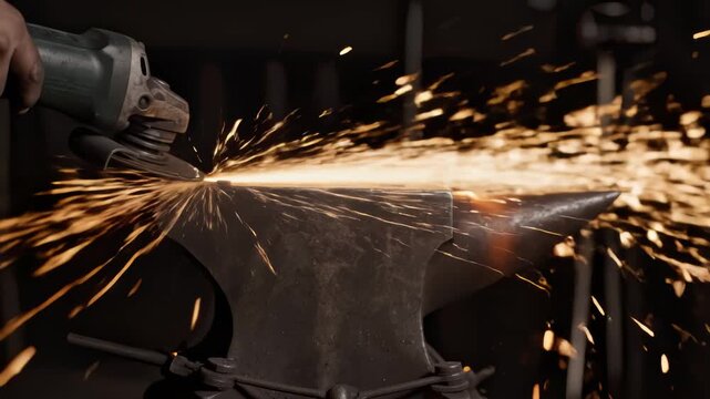 Metalworker Grinds Metal Anvil With Sparks in Workshop Setting Process