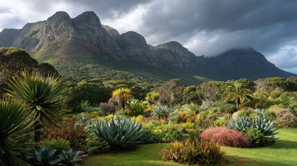 Lush Succulent Garden with Dramatic Mountain Backdrop Under Cloudy Sky.
