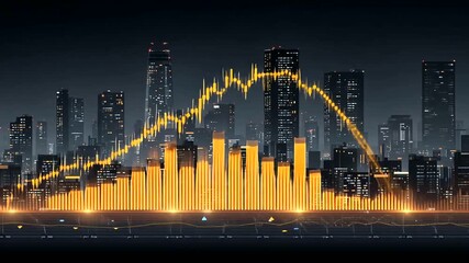 Urban skyline with abstract financial chart and glowing city lights at night - Powered by Adobe