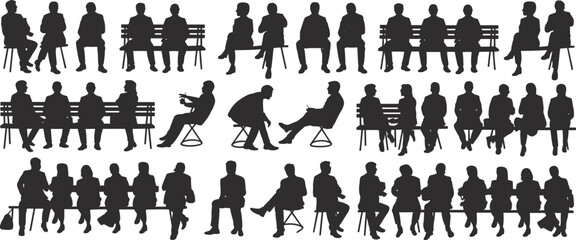 People sitting silhouette set, men and women on chairs and benches, waiting, talking, resting, black minimal human activity illustration icons
