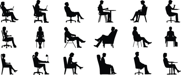 People sitting silhouettes set, men and women seated on chairs working, waiting, relaxing poses, black vector icons isolated on white background