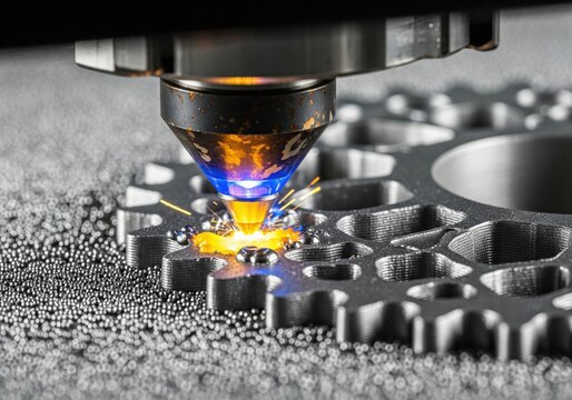 Closeup of metal gear manufacturing using laser sintering or 3d printing technology with sparks