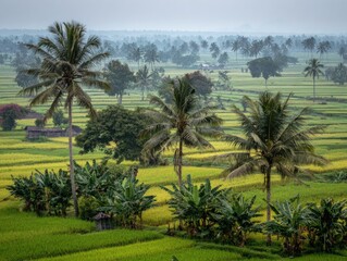 Lush Tropical Rice Terraces with Tall Palm Trees in Misty Valley.