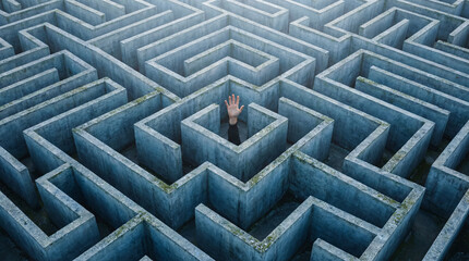 Lost hand in concrete maze, business problem solving, confusion, help request and mental health crisis concept.