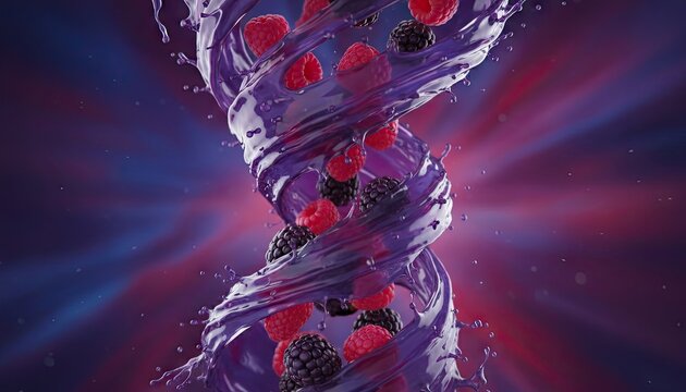 Vibrant purple liquid swirls in a DNA helix shape intertwined with fresh raspberries and blackberries against a radiating blue and pink background with light rays - Powered by Adobe