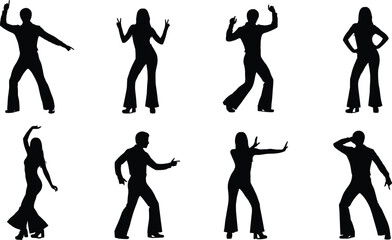 Retro disco dancer silhouette set with male and female poses, seventies dance moves, black party figures isolated white background