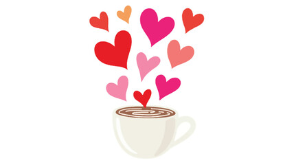 Flat illustration of white cup with hearts coming out love coffee drink