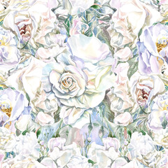 seamless background with white roses and buds, watercolor painting