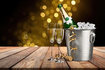 Happy New Year concept, Champagne with ice and glass