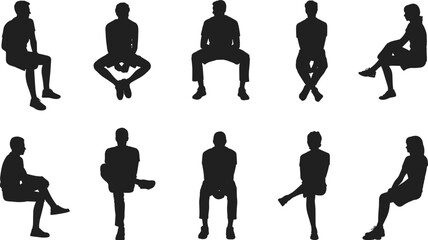 People sitting silhouettes collection, men women relaxed seated poses front side views, casual lifestyle concept isolated black vector illustration set