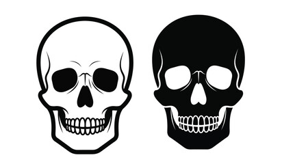 a graphic depiction showcases two stylized human skulls one rendered in a white outline on a transparent background and the other completely black in