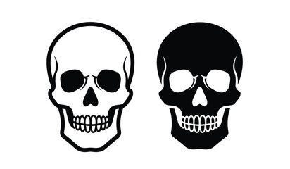 A stark graphic depiction showcases two black skull silhouettes against a white background presenting a visual contrast of mortality and the human form
