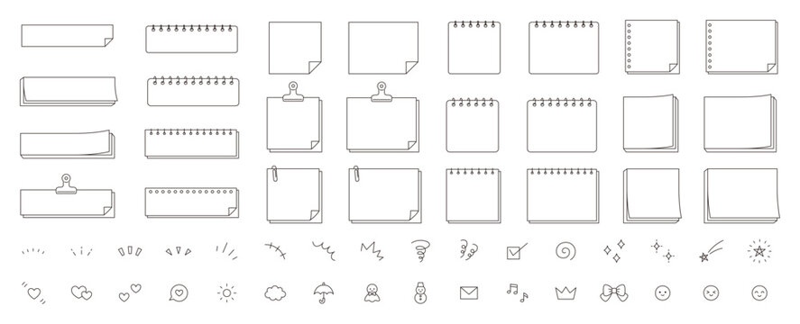 シンプルなフレームと飾りアイコンのベクターイラストセット。枠、付箋、メモ
