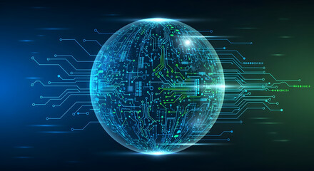 Glowing blue digital earth with circuits.